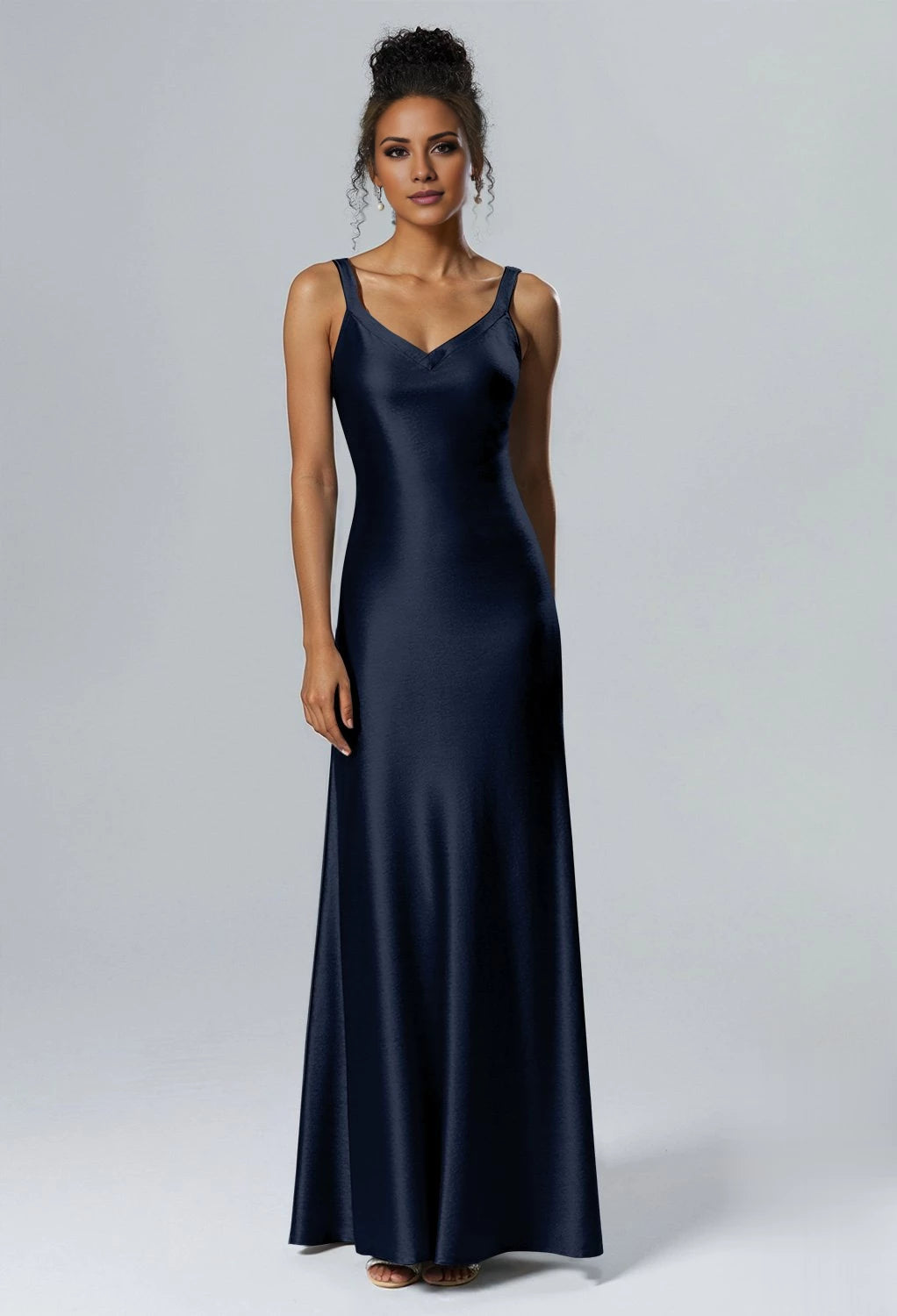 Elegante vestido de dama de honor de corte sirena, escote en V, sin mangas, con cremallera en la espalda y largo hasta el suelo