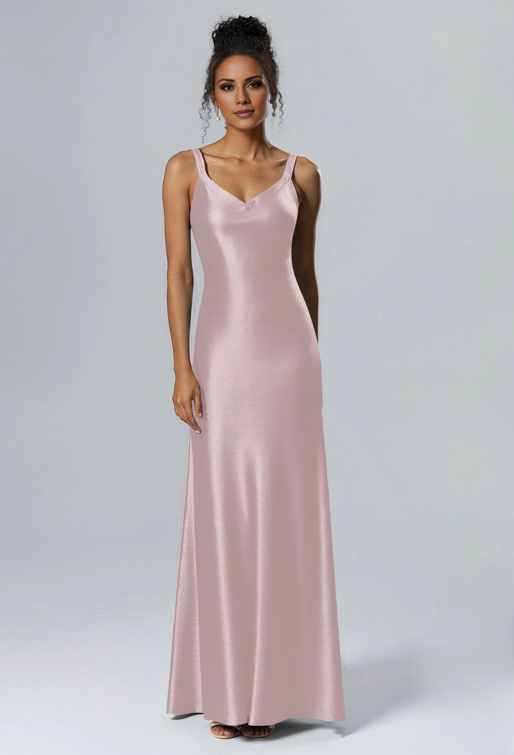 Elegante vestido de dama de honor de corte sirena, escote en V, sin mangas, con cremallera en la espalda y largo hasta el suelo