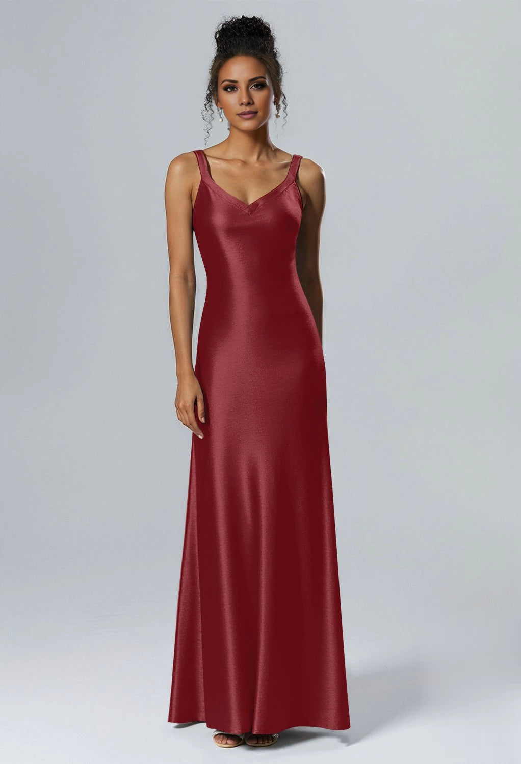 Elegante vestido de dama de honor de corte sirena, escote en V, sin mangas, con cremallera en la espalda y largo hasta el suelo