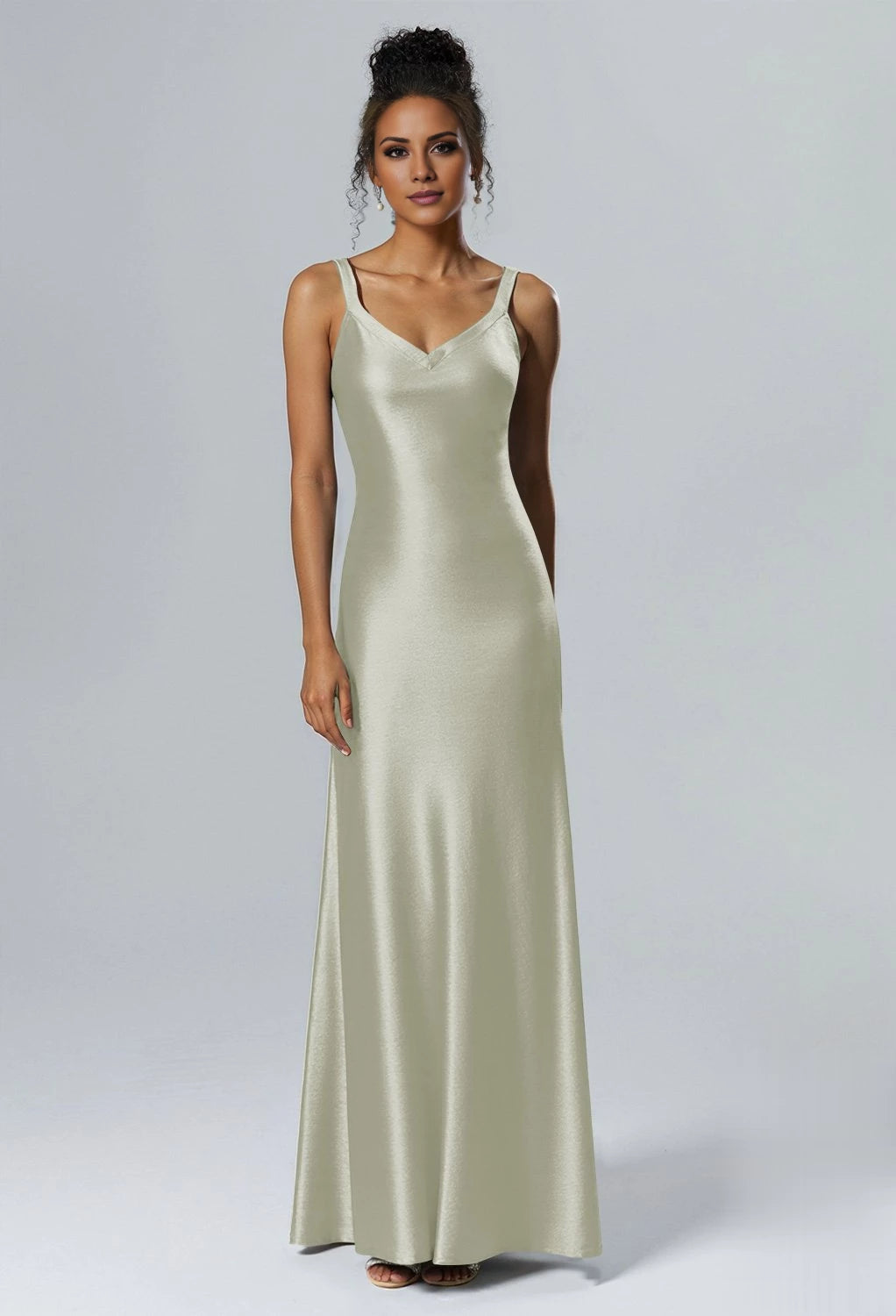 Elegante vestido de dama de honor de corte sirena, escote en V, sin mangas, con cremallera en la espalda y largo hasta el suelo