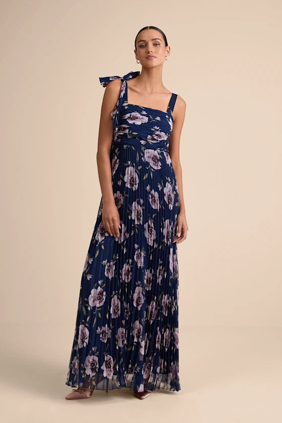 Elegant Navy Floral Chiffon Pleated One-Shoulder Square Neck Floor-Length Prom Dresses
