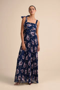Jimiss Dark Navy Chiffon A-Line Floor-Length Bridesmaid Dress | Square Neck, Tie-Shoulder Straps