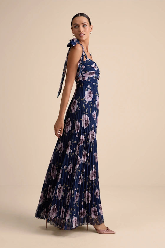 Elegant Navy Floral Chiffon Pleated One-Shoulder Square Neck Floor-Length Prom Dresses