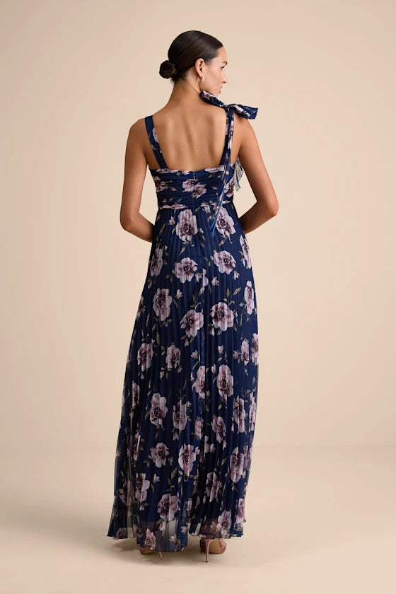 Elegant Navy Floral Chiffon Pleated One-Shoulder Square Neck Floor-Length Prom Dresses