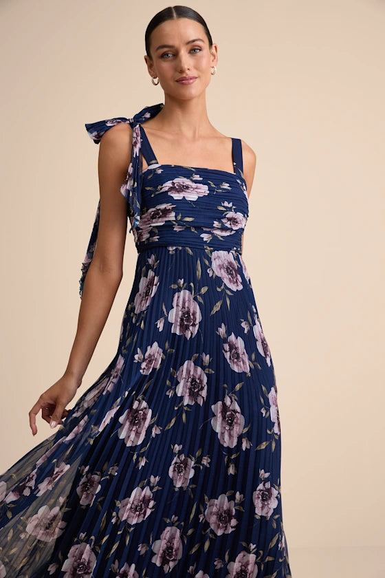 Elegant Navy Floral Chiffon Pleated One-Shoulder Square Neck Floor-Length Prom Dresses