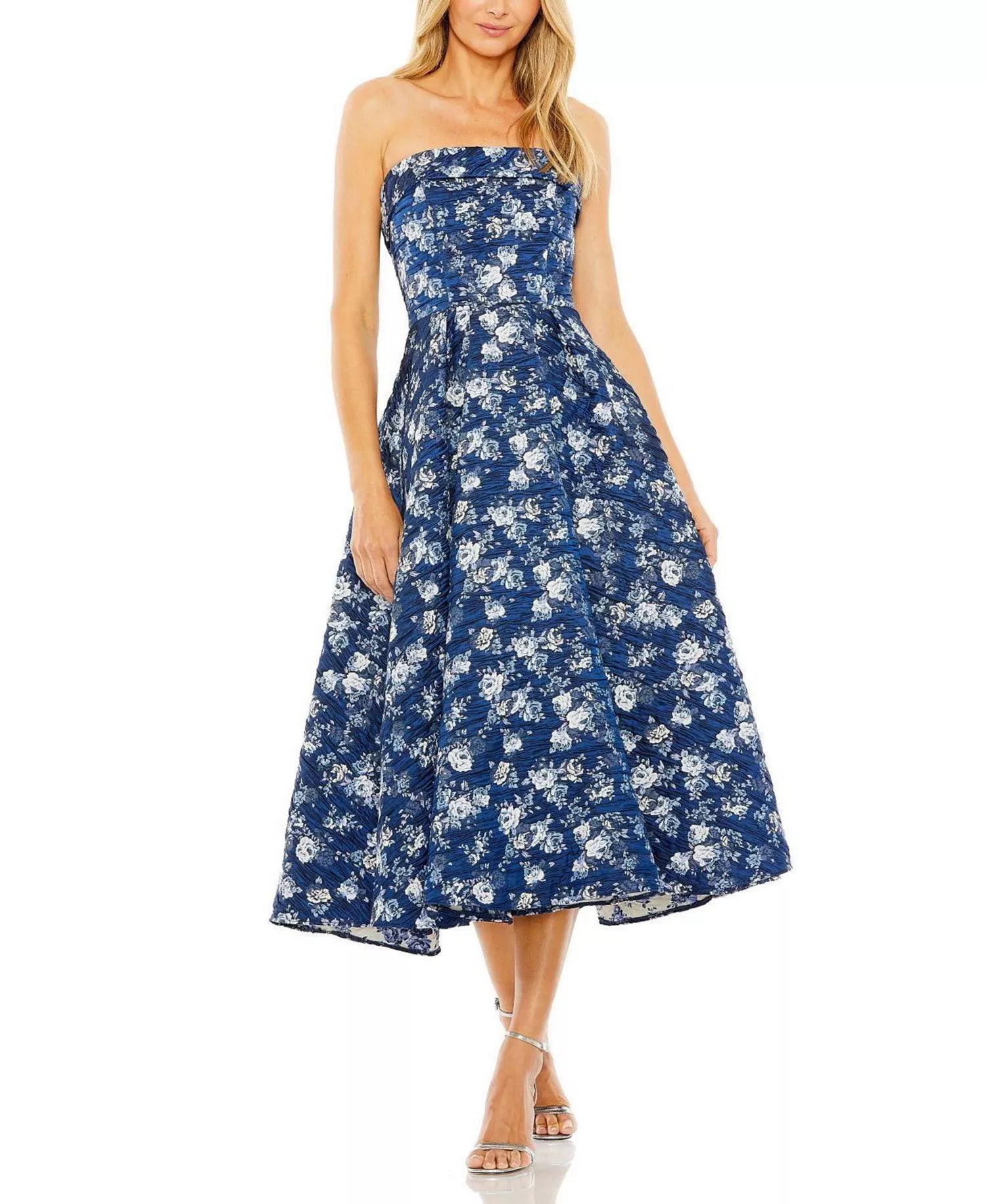 Elegant Navy Floral Strapless Sleeveless Textured High-Low Midi Prom Dress