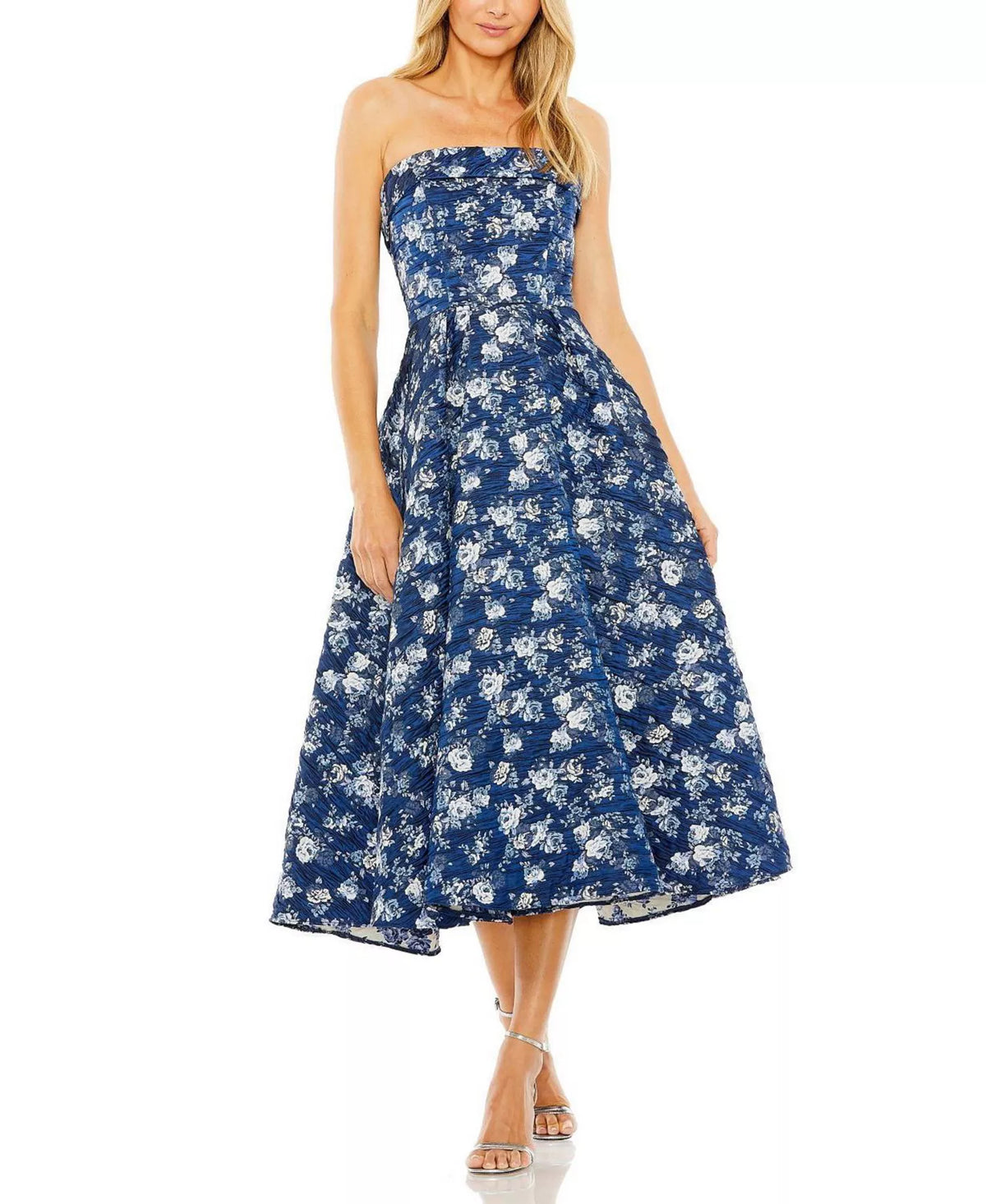 Blue Floral Ruched A-Line Tea-Length Evening Dress