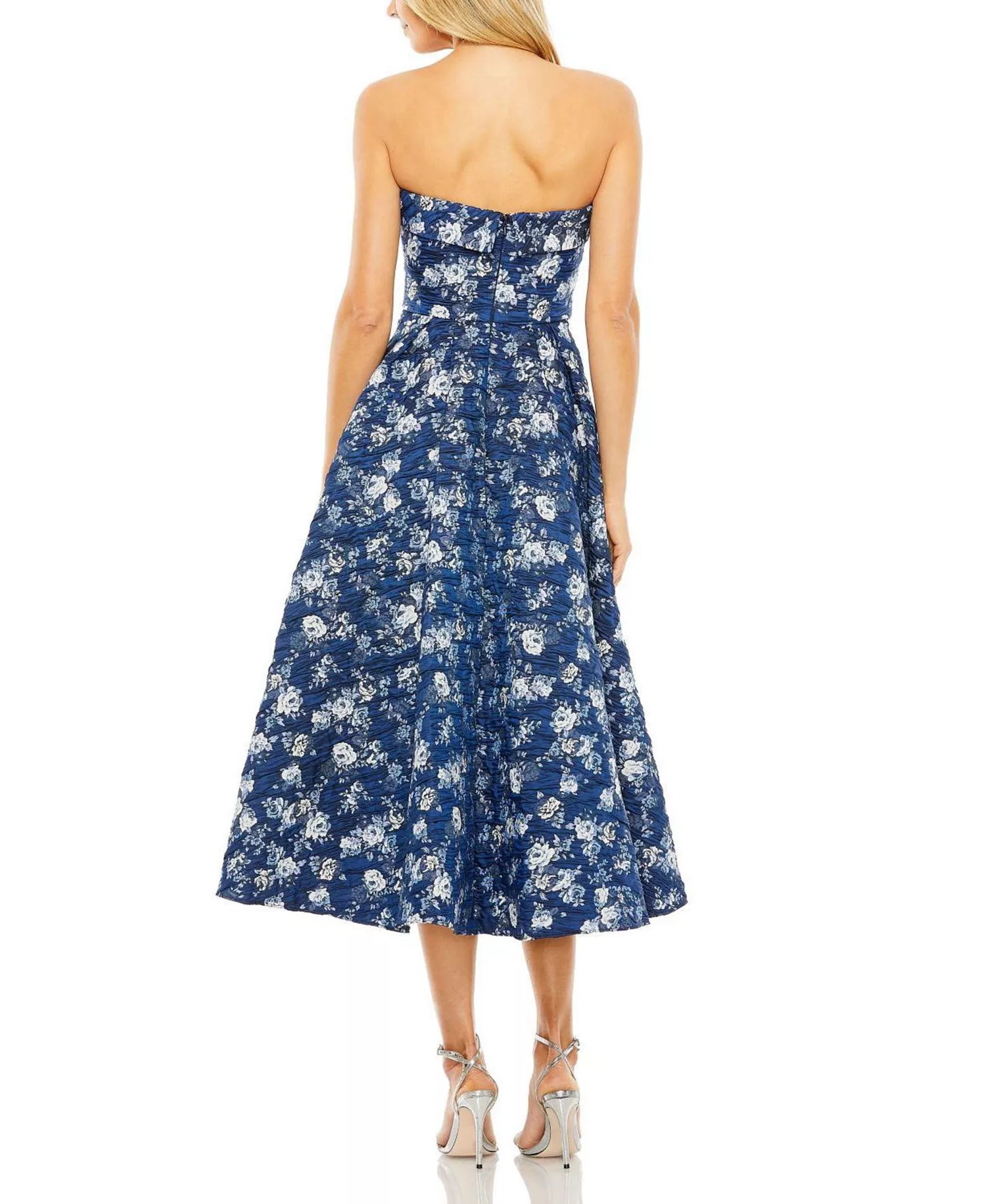 Elegant Navy Floral Strapless Sleeveless Textured High-Low Midi Prom Dress