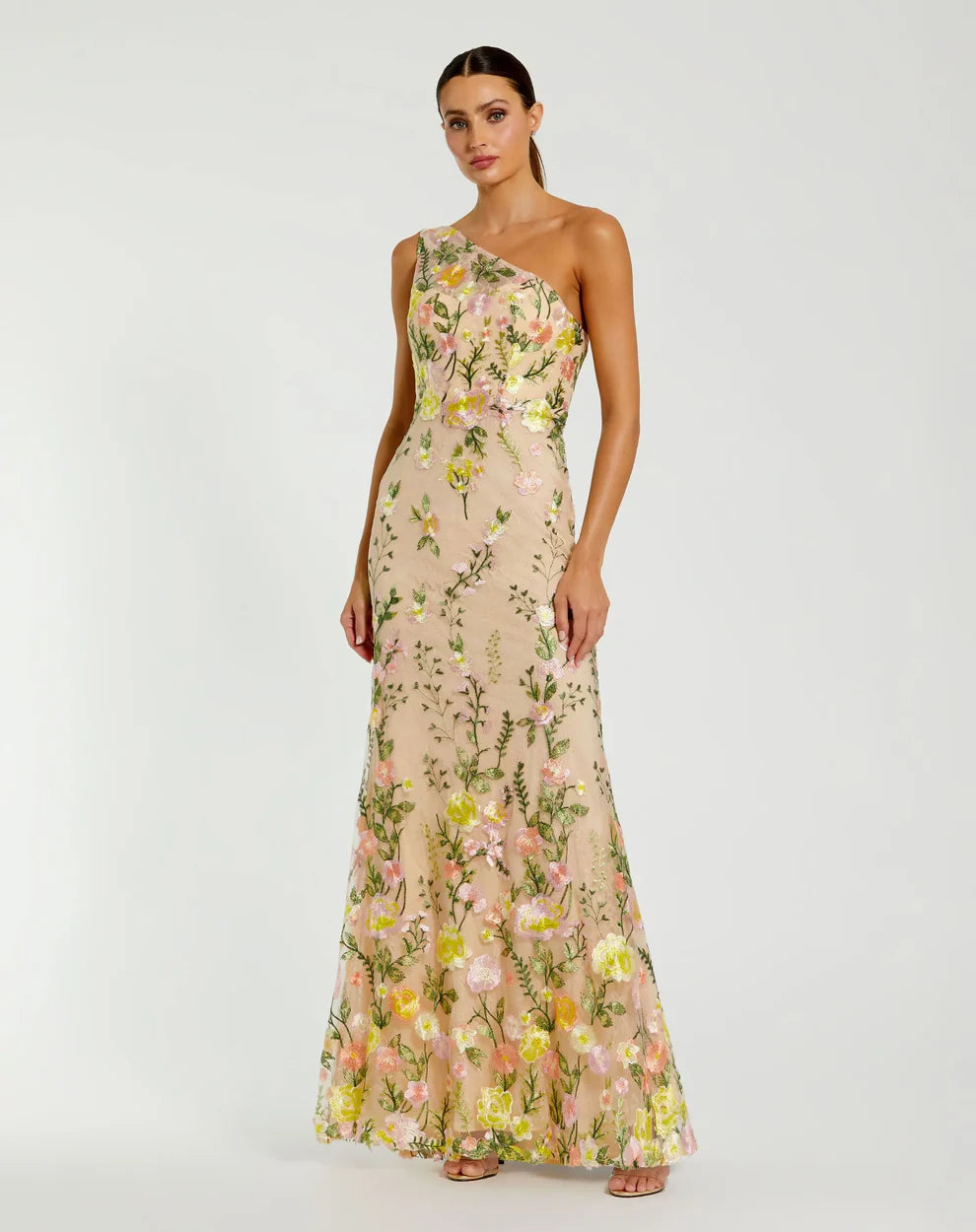 Elegant Nude Floral Lace Mermaid One-Shoulder Sleeveless Prom Dresses