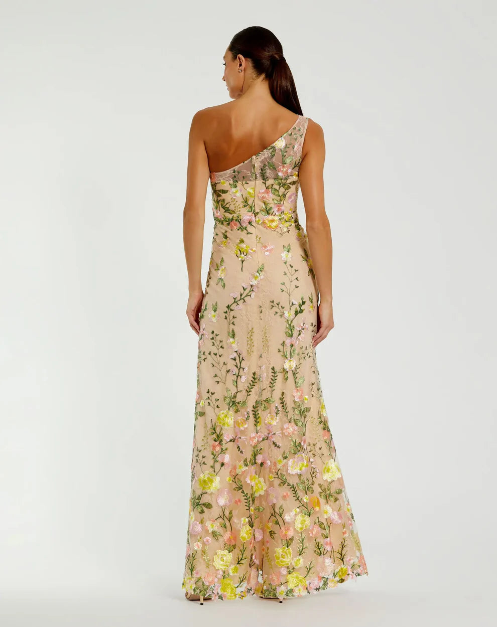 Elegant Nude Floral Lace Mermaid One-Shoulder Sleeveless Prom Dresses