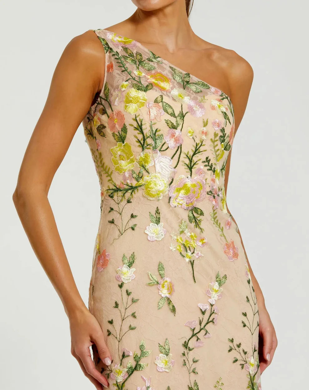Elegant Nude Floral Lace Mermaid One-Shoulder Sleeveless Prom Dresses