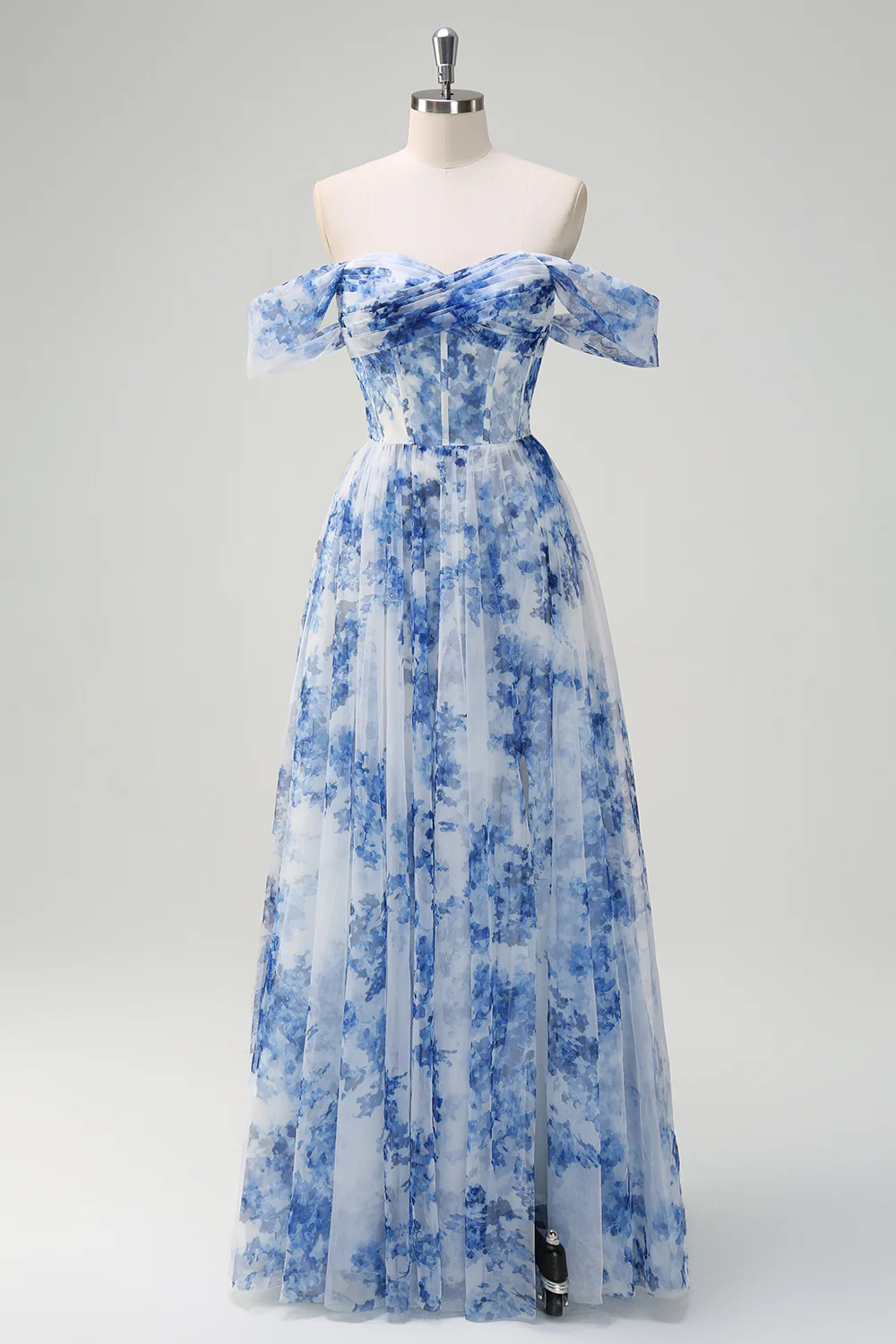 Elegant Off-the-Shoulder Blue Floral Print Tulle Maxi Prom Dress with Corset Bodice