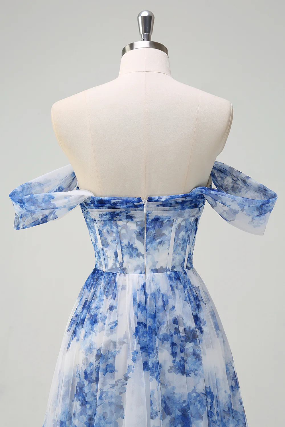 Elegant Off-the-Shoulder Blue Floral Print Tulle Maxi Prom Dress with Corset Bodice