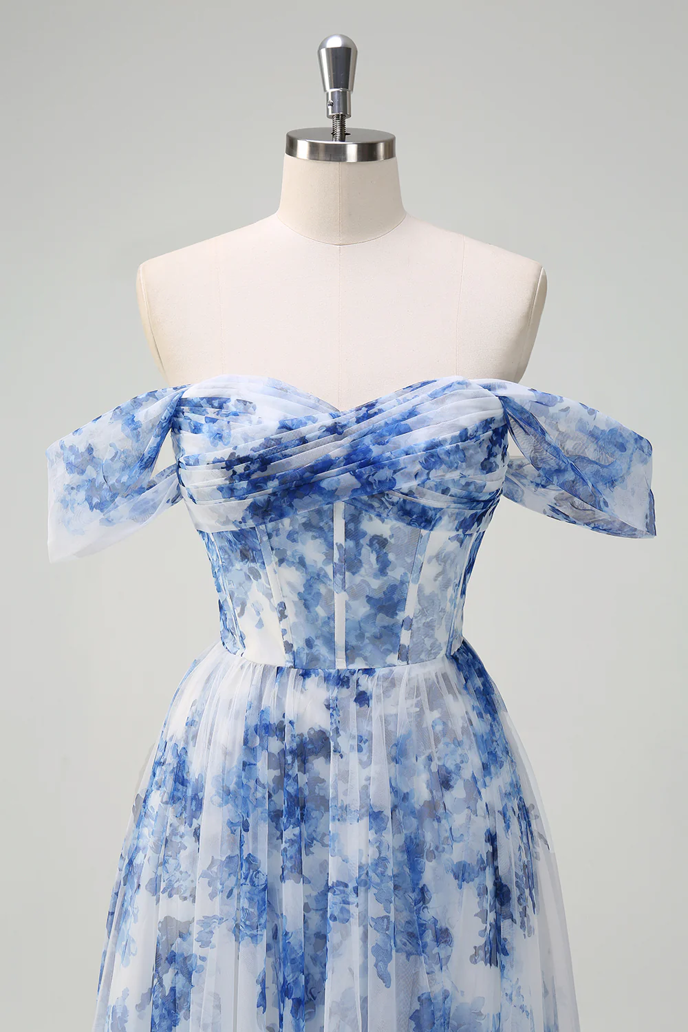 Elegant Off-the-Shoulder Blue Floral Print Tulle Maxi Prom Dress with Corset Bodice
