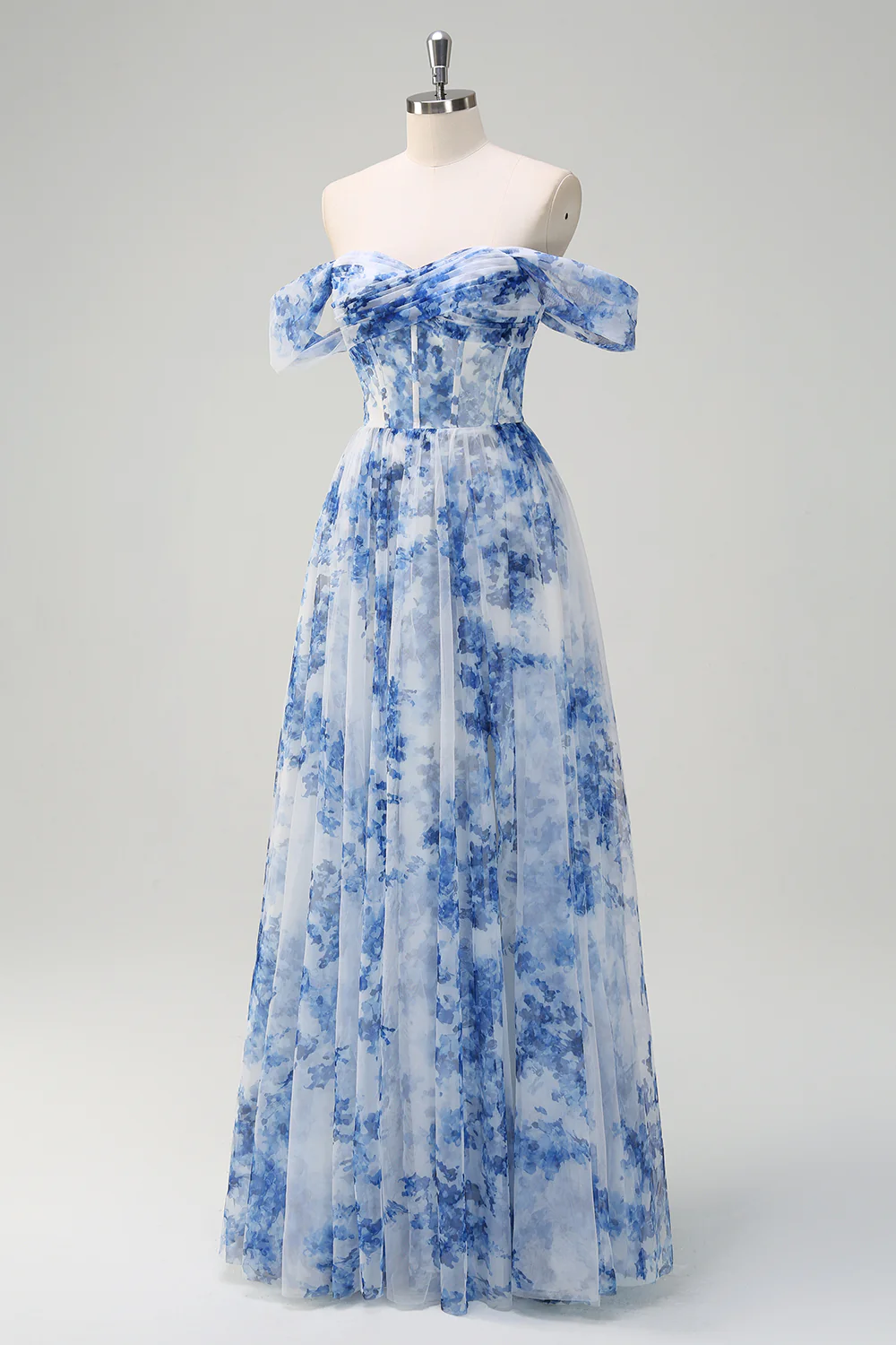 Elegant Off-the-Shoulder Blue Floral Print Tulle Maxi Prom Dress with Corset Bodice