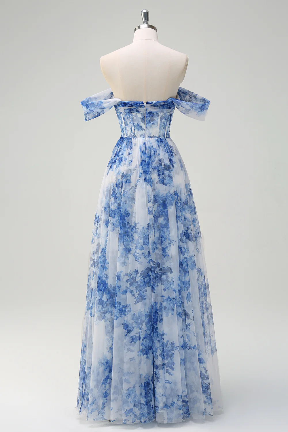 Elegant Off-the-Shoulder Blue Floral Print Tulle Maxi Prom Dress with Corset Bodice