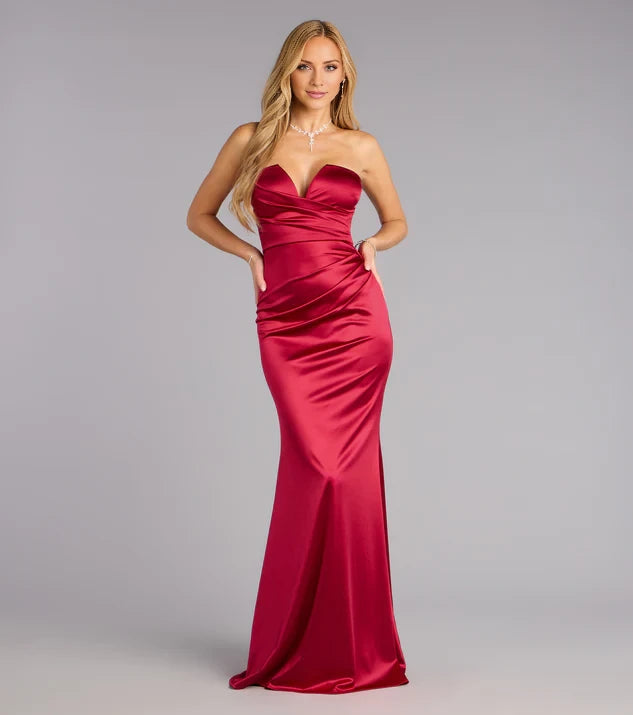 Elegant Off the Shoulder Neck Strapless Ruched Mermaid Satin Floor-Length Evening Dress