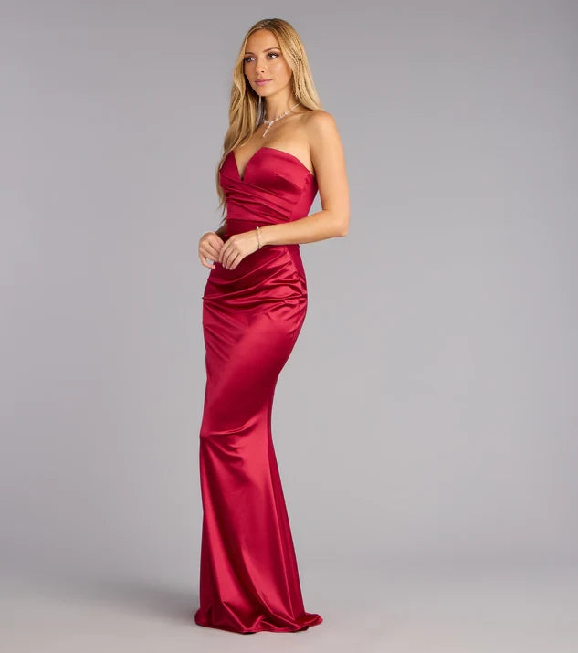 Elegant Off the Shoulder Neck Strapless Ruched Mermaid Satin Floor-Length Evening Dress