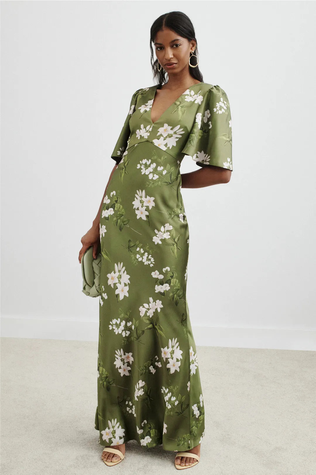 Elegant Olive Green Mermaid V-Neck Flutter-Sleeve Floral-Print Floor-Length Prom Dresses