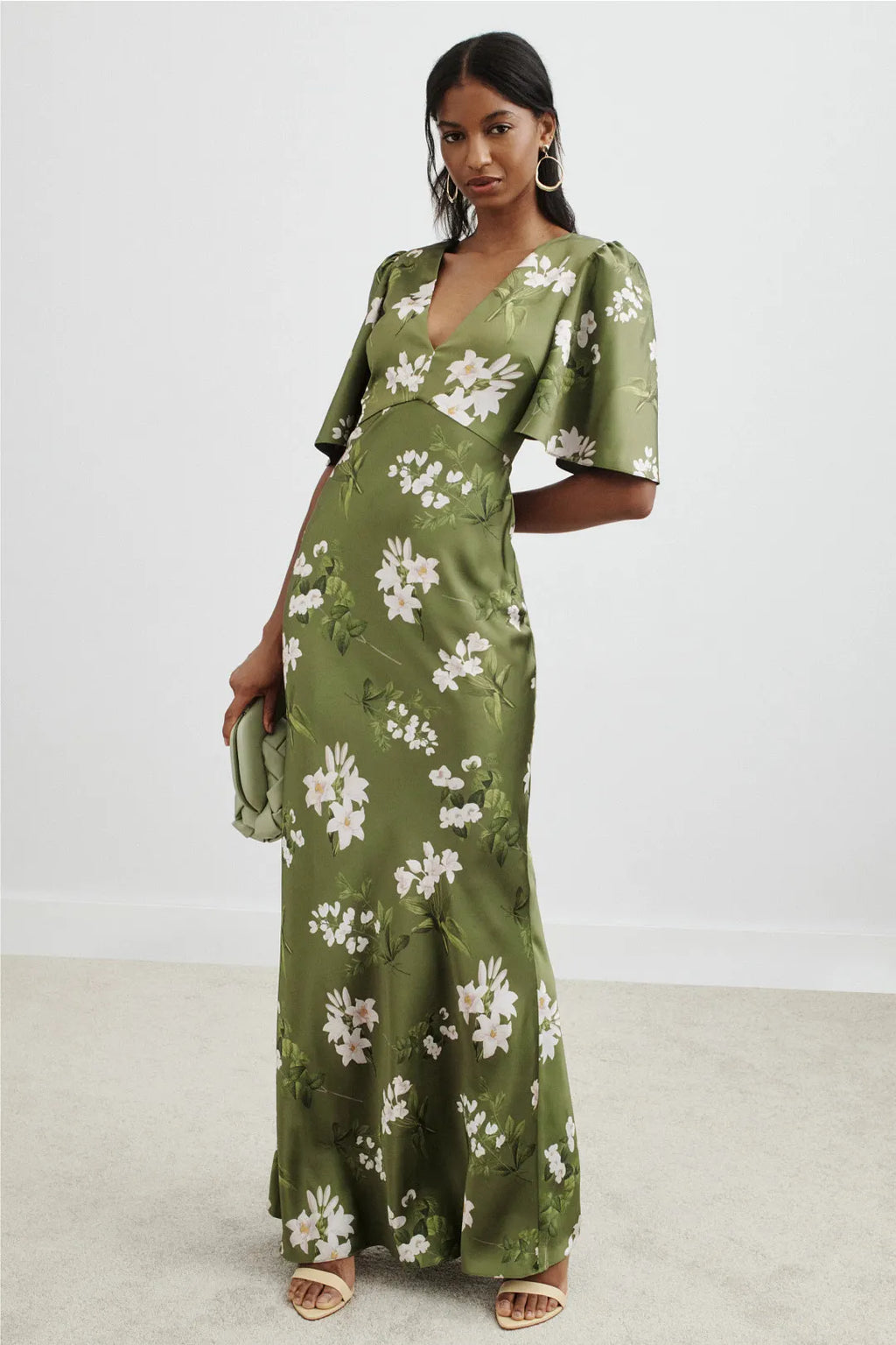 Green Satin Floral Print V-Neck Sheath Floor-Length Dress
