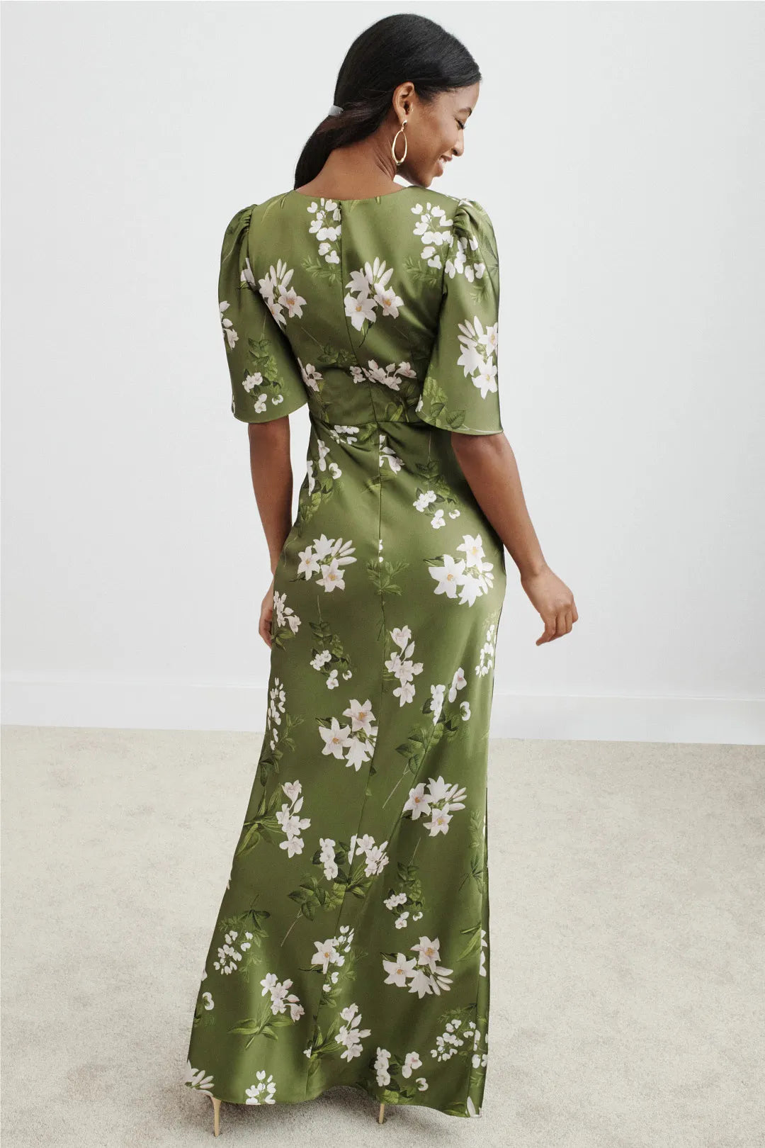 Elegant Olive Green Mermaid V-Neck Flutter-Sleeve Floral-Print Floor-Length Prom Dresses