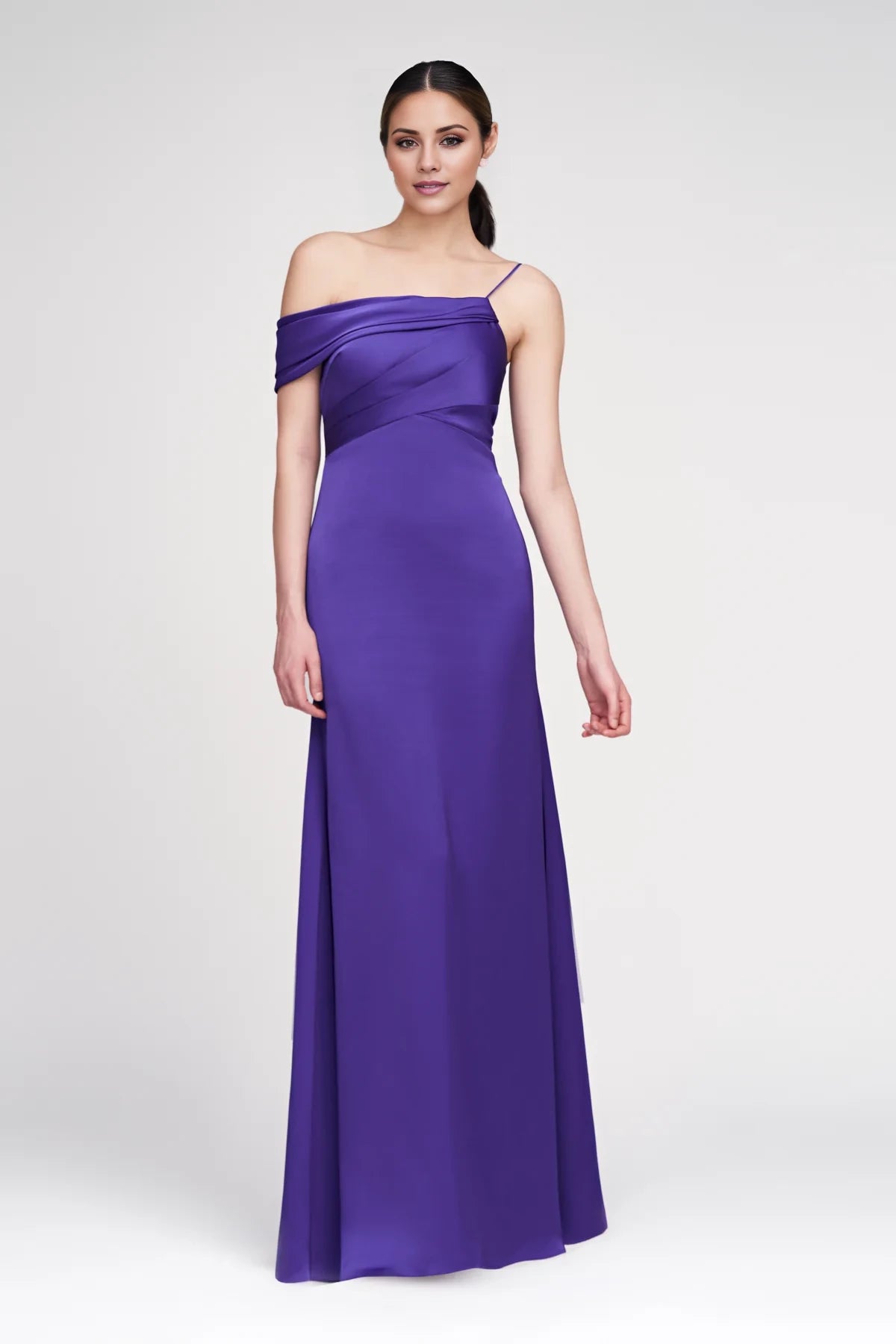 Elegant One-Shoulder Neck Sleeveless Asymmetric Ruched Satin Floor-Length Evening Dress