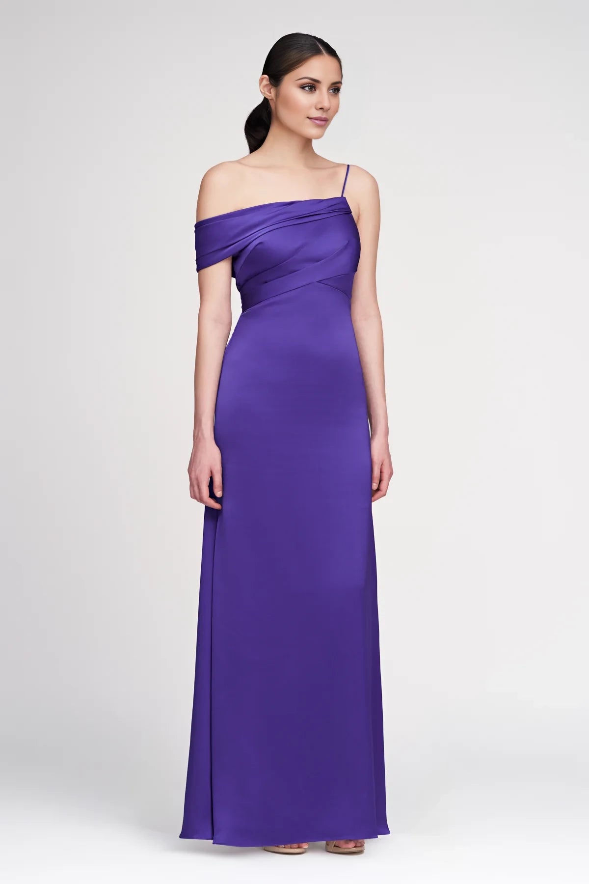Plum Off-the-Shoulder A-Line Floor-Length Bridesmaid Dress