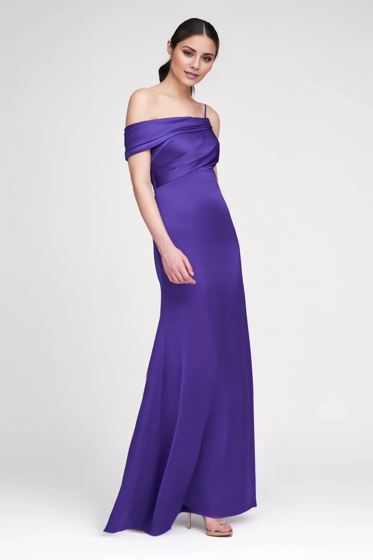 Plum Off-the-Shoulder A-Line Floor-Length Bridesmaid Dress