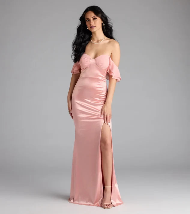 Elegant Pink Off-Shoulder Neck Sleeveless Ruffled Slit Satin Mermaid Floor-Length Evening Dress