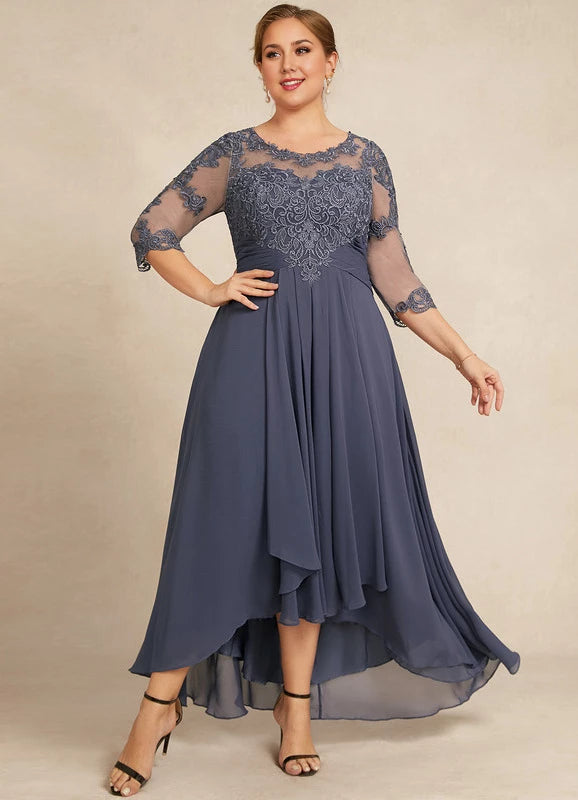 Elegant Plus Size Blue Illusion Neck Lace 1/2 Sleeve Applique Asymmetrical Hem Mother Of The Bride Dress