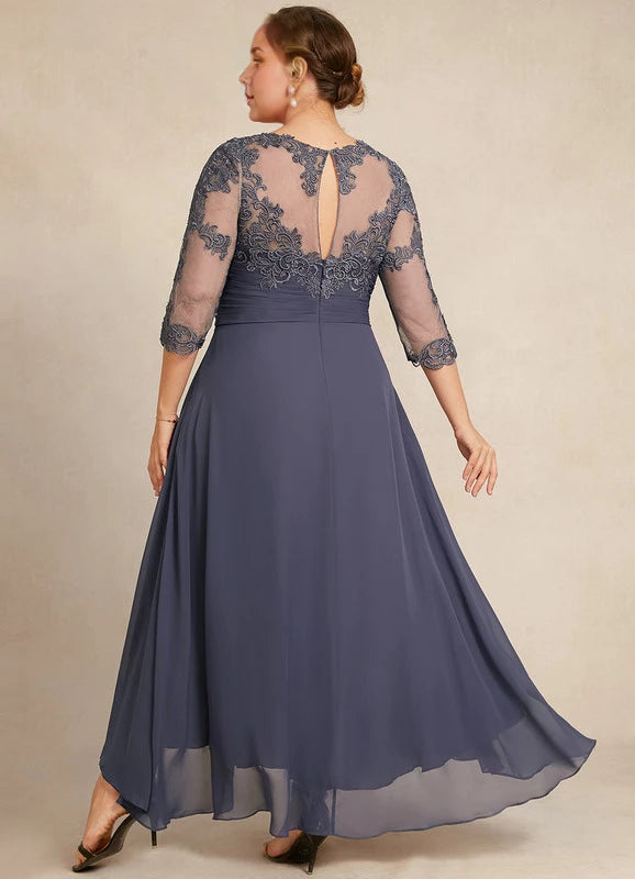 Elegant Plus Size Blue Illusion Neck Lace 1/2 Sleeve Applique Asymmetrical Hem Mother Of The Bride Dress