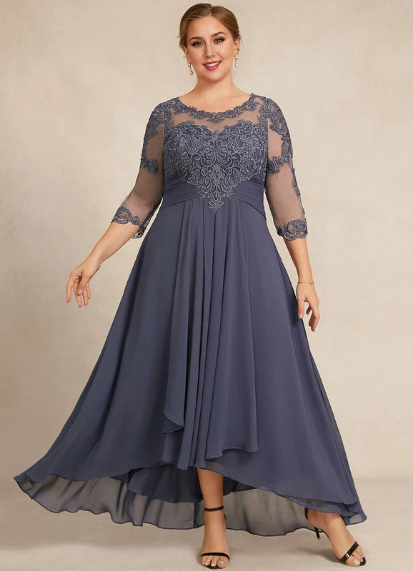Elegant Plus Size Blue Illusion Neck Lace 1/2 Sleeve Applique Asymmetrical Hem Mother Of The Bride Dress