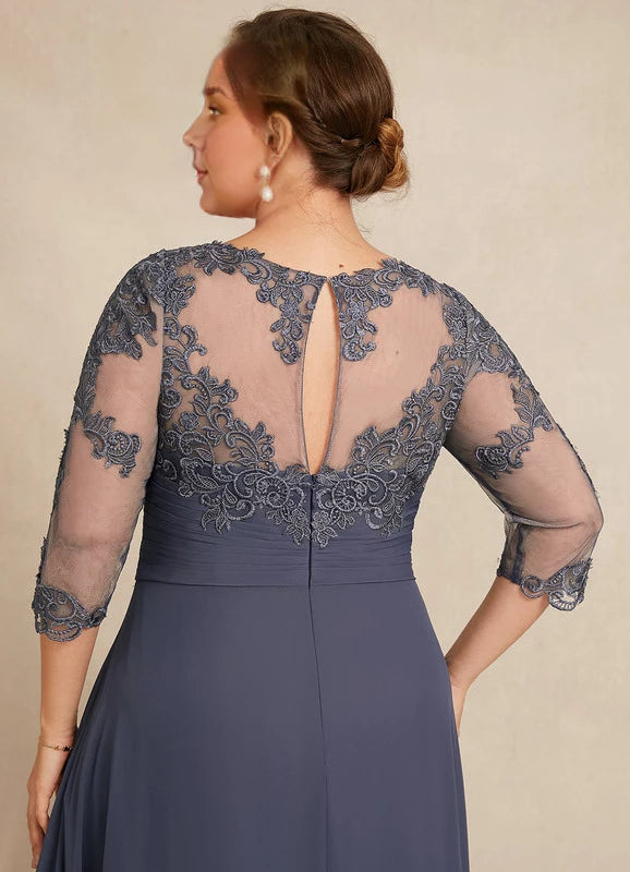 Elegant Plus Size Blue Illusion Neck Lace 1/2 Sleeve Applique Asymmetrical Hem Mother Of The Bride Dress