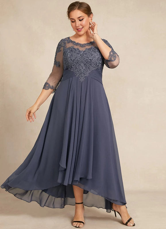 Elegant Plus Size Blue Illusion Neck Lace 1/2 Sleeve Applique Asymmetrical Hem Mother Of The Bride Dress