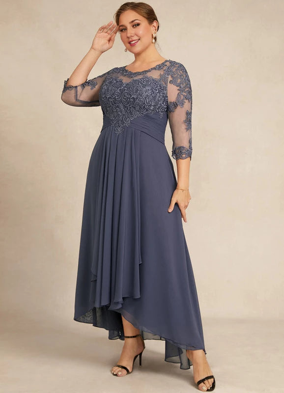 Elegant Plus Size Blue Illusion Neck Lace 1/2 Sleeve Applique Asymmetrical Hem Mother Of The Bride Dress