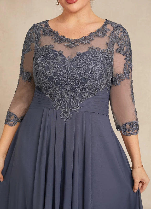 Elegant Plus Size Blue Illusion Neck Lace 1/2 Sleeve Applique Asymmetrical Hem Mother Of The Bride Dress