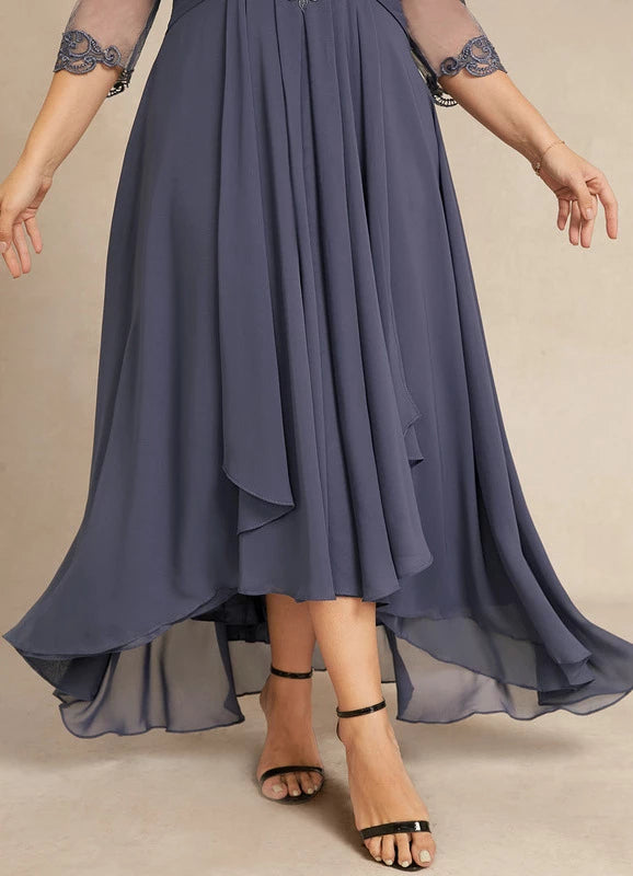 Elegant Plus Size Blue Illusion Neck Lace 1/2 Sleeve Applique Asymmetrical Hem Mother Of The Bride Dress