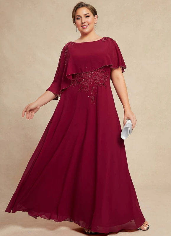 Elegant Plus Size Burgundy Scoop Neck Beaded Cape Sleeve Floor-Length Mother Of The Bride Dress