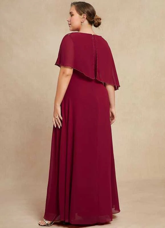 Elegant Plus Size Burgundy Scoop Neck Beaded Cape Sleeve Floor-Length Mother Of The Bride Dress