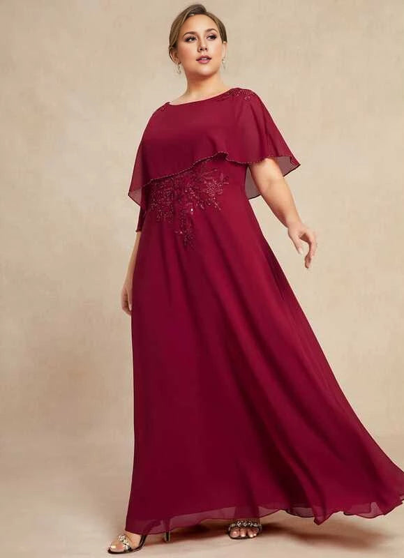Elegant Plus Size Burgundy Scoop Neck Beaded Cape Sleeve Floor-Length Mother Of The Bride Dress