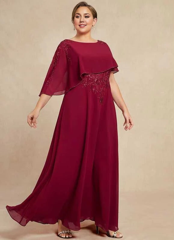 Elegant Plus Size Burgundy Scoop Neck Beaded Cape Sleeve Floor-Length Mother Of The Bride Dress
