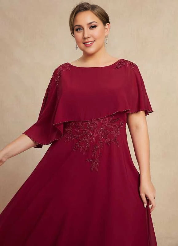 Elegant Plus Size Burgundy Scoop Neck Beaded Cape Sleeve Floor-Length Mother Of The Bride Dress