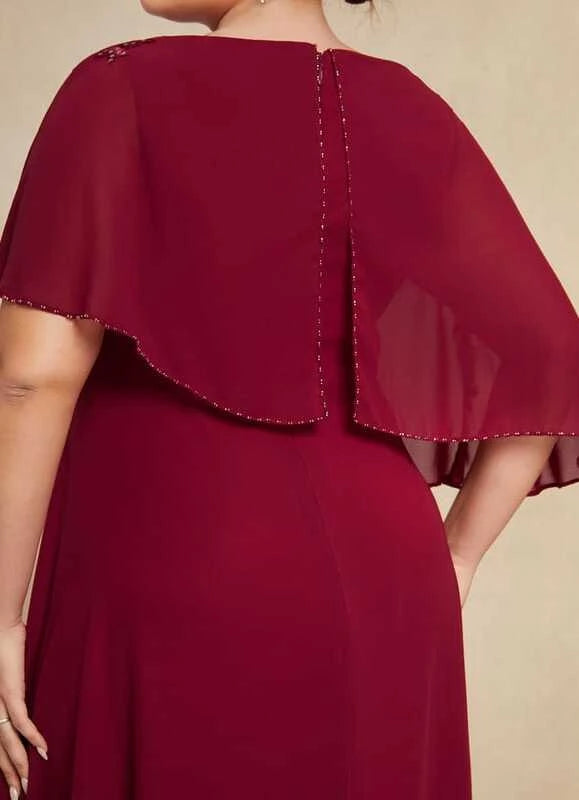 Elegant Plus Size Burgundy Scoop Neck Beaded Cape Sleeve Floor-Length Mother Of The Bride Dress