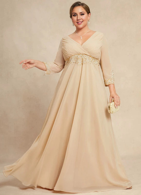 Jimiss A-Line Floor-Length Chiffon Bridesmaid Dress - Champagne V-Neck with Pleated Bodice & Lace Trim