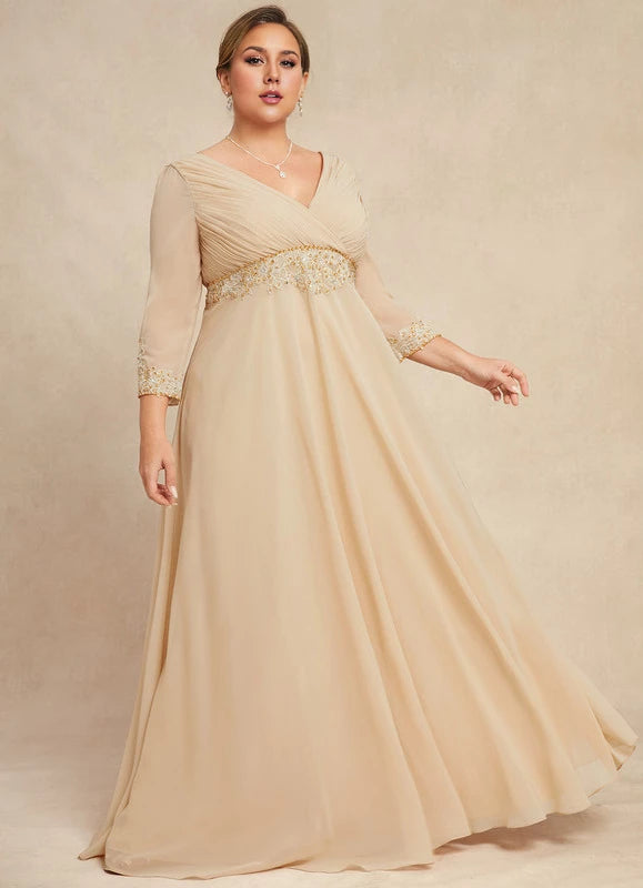 Jimiss A-Line Floor-Length Chiffon Bridesmaid Dress - Champagne V-Neck with Pleated Bodice & Lace Trim