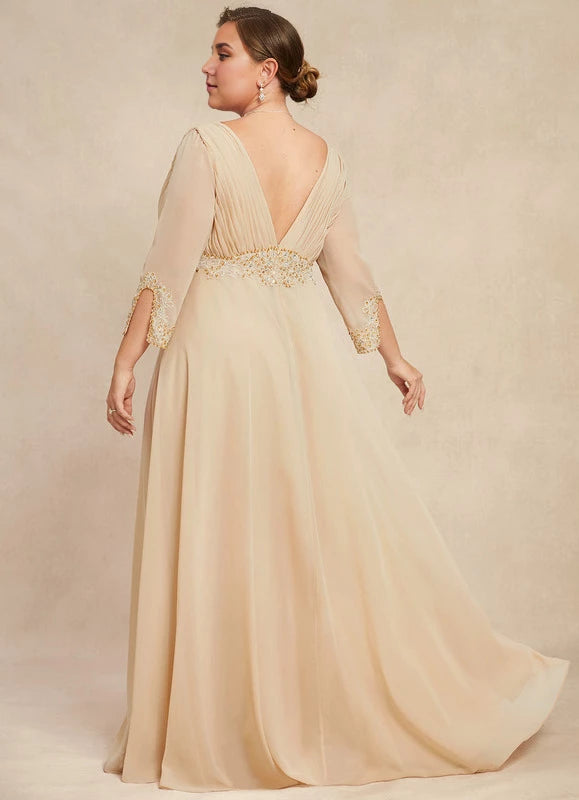 Elegant Plus Size Champagne V-Neck 3/4 Sleeve Beaded Waist Floor-Length Mother Of The Bride Dress
