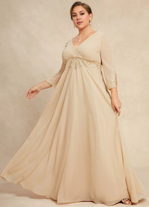 Elegant Plus Size Champagne V-Neck 3/4 Sleeve Beaded Waist Floor-Length Mother Of The Bride Dress