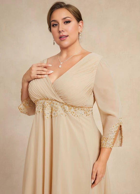 Elegant Plus Size Champagne V-Neck 3/4 Sleeve Beaded Waist Floor-Length Mother Of The Bride Dress