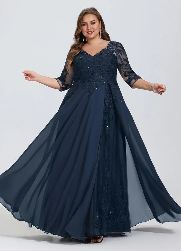 Dark Navy Chiffon Floor-Length Evening Dress with V-Neck, Lace Bodice, and Layered Split Skirt