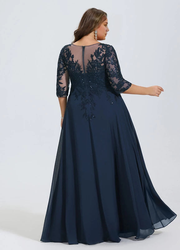 Dark Navy Chiffon Floor-Length Evening Dress with V-Neck, Lace Bodice, and Layered Split Skirt